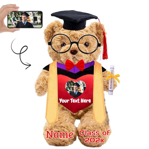 Personalisierter Abschluss-Teddybär 2024, Abschlussgeschenke für Sie mit Text+Foto, Abschlussbär mit Brille und Abschlussschal als Abschlussgeschenk für Ihn zum Abschluss 2024 (26cm-Text+Foto) von JABECODIFA