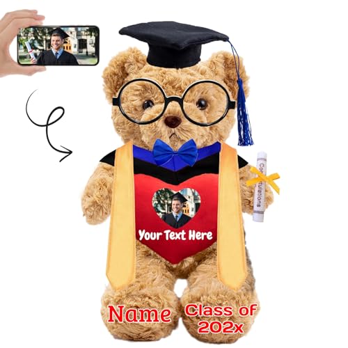 Personalisierter Abschluss-Teddybär 2024, Abschlussgeschenke für Sie mit Text+Foto, Abschlussbär mit Brille und Abschlussschal als Abschlussgeschenk für Ihn zum Abschluss 2024 (32cm-Text+Foto) von JABECODIFA