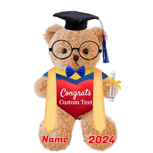 Personalisierter Abschluss-Teddybär mit Brille und Abschlussschal, Abschlussgeschenke für Ihn 2024 mit Text, Abschlussbär als Personalisierte Abschlussgeschenk für sie zum Abschluss 2024 (25cm-Text) von JABECODIFA