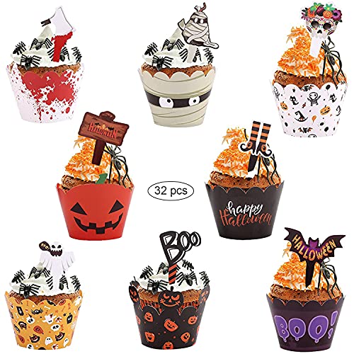 JAHEMU Cupcake Wrappers Halloween Cupcake Topper Kuchen Wrapper Happy Halloween Schläger Kürbis Geist Cake Topper Deko für Halloween Party Kinder Geburtstag, 32 Stück von JAHEMU