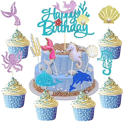 JAHEMU Meerjungfrau Tortendeko Ozean Kuchen Dekoration Tortendeko Mermaid Cupcake Deko für Mädchen Kindergeburtstag Party 11 Stück von JAHEMU