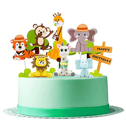 JAHEMU Tier Tortendeko Happy Birthday Cake Topper Geburtstag Kuchen Dekoration Tiere Cupcake Topper Löwen Giraffe Elefanten Figur für Kinder Baby Junge Geburtstag Party Dekoration von JAHEMU