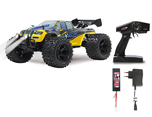 JAMARA 053365 - Myron Monstertruck 1:10 BL 4WD Lipo 2,4G LED - Allrad, Brushless , 60 Kmh, Wheelybar, Aluchassis, spritzwasserfest, Öldruckstoßdämpfer, Kugellager, Fahrwerk einstellbar, fahrfertig, Gelb/Blau von JAMARA