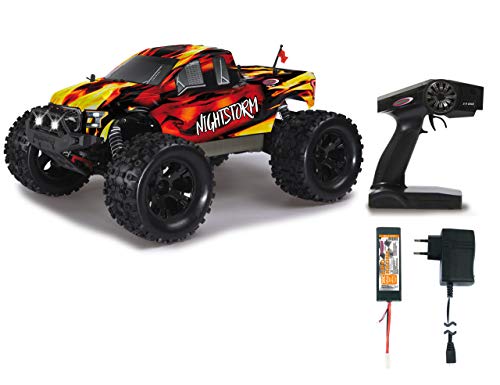 JAMARA 059737 - Nightstorm Monstertruck 1:10 BL 4WD Lipo 2,4GHz LED - Brushless Motor 3200KV, Regler 60 A, Wheelybar, Stahl Differntial / Welle / Achse, Elektronik spritzwassergeschützt, Ölstoßdämpfer von JAMARA