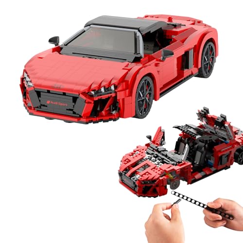 JAMARA 402835 Audi R8 Spyder 1:14 Bricks, Bricks Klemmbausteine, Modellbau DIY Bausatz Rennwagen Auto, 1440 Teile, ab 8 Jahre, Verstellbarer Sitz, Manuell bedienbare Fronthaube, Rot von JAMARA