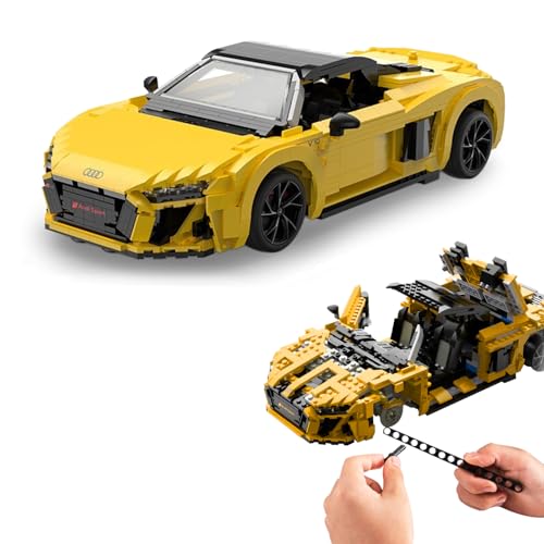 JAMARA 402836 Audi R8 Spyder 1:14 Bricks, Klemmbausteine, Modellbau DIY Bausatz Rennwagen Auto, 1440 Teile, ab 8 Jahre, Verstellbarer Sitz, Manuell bedienbare Fronthaube, Gelb von JAMARA