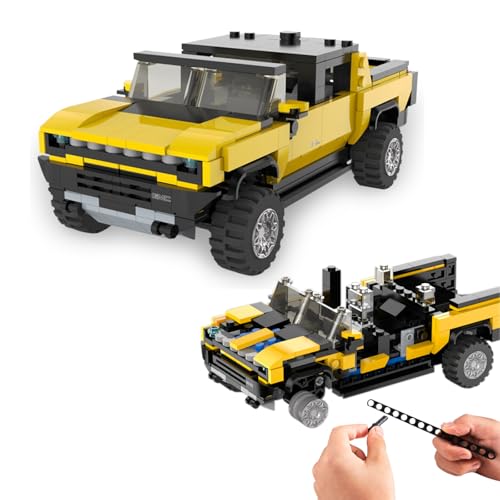 JAMARA 402840 Hummer EV 1:30 Bricks, Klemmbausteine, Modellbau DIY Bausatz Rennwagen, 431 Teile, ab 6 Jahre, Fronthaube manuell abnehmbar, Heckklappe manuell bedienen, Gelb von JAMARA