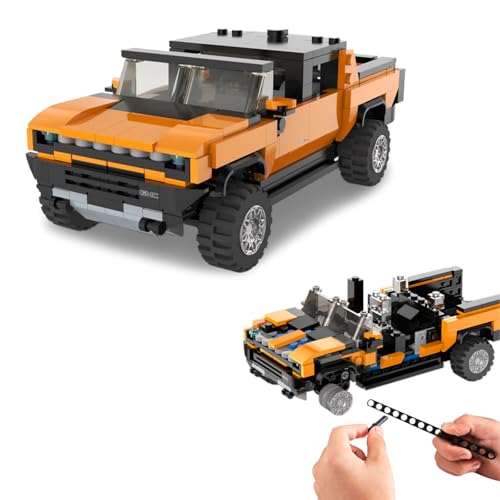 JAMARA 402841 Hummer EV 1:30 Bricks, Bricks Klemmbausteine, Modellbau DIY Bausatz Rennwagen Auto, 431 Teile, ab 6 Jahre, Fronthaube und Heckhaube sind manuell bedienbar, Orange von JAMARA