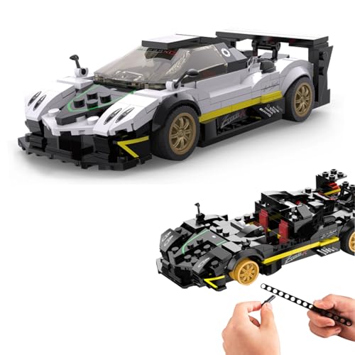 JAMARA 402845 Pagani Zonda R 1:28 Bricks, Bricks Klemmbausteine, Modellbau DIY Bausatz Auto, 387 Teile, ab 6 Jahre, Dach manuell abnehmbar, Heckspoiler manuell verstellbar, Weiss von JAMARA