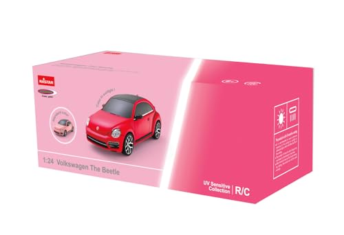 JAMARA 403004 VW New Beetle 1:24 2,4GHz UV Photochromic Serie-offiziell lizenziert, bis zu 1 Stunde Fahrzeit bei ca. 9 Km/h, perfekt nachgebildete Details, hochwertige Verarbeitung, pink/rot von JAMARA