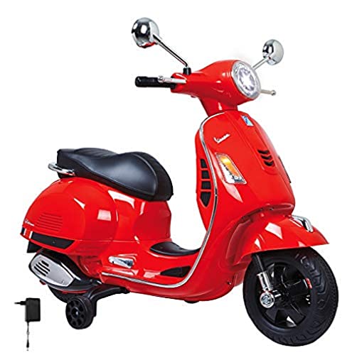 JAMARA 460348 - Ride-on Vespa 12V - Leistungsstarker Antriebsmotor und Akku für lange Fahrzeit, SD-Karten Slot, AUX- und USB-Anschluss, Ultra-Grip Gummiring am Rad, Stützräder, LED-Scheinwerfer, rot von JAMARA