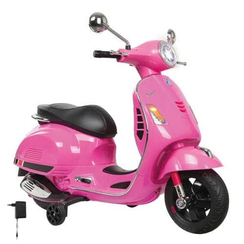 JAMARA 460349 - Ride-on Vespa 12V - Leistungsstarker Antriebsmotor und Akku für lange Fahrzeit, SD-Karten Slot, AUX- und USB-Anschluss, Ultra-Grip Gummiring am Rad, Stützräder, LED-Scheinwerfer, pink von JAMARA