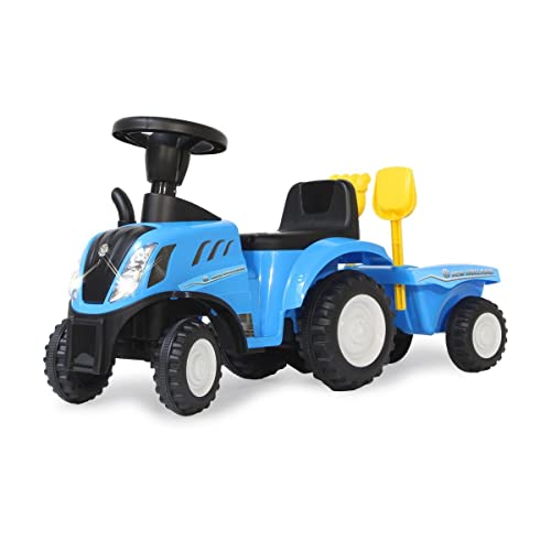 JAMARA 460355 Rutscher New Holland T7 Traktor – ab 12 Monate, Sitzhöhe 270 mm, Kippschutz, originalgetreue Optik, Anhänger mit Schaufel und Rechen, LED Licht, blau von JAMARA