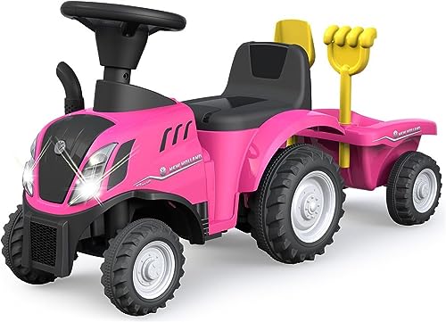 JAMARA 460357 Rutscher New Holland T7 Traktor – ab 12 Monate, Sitzhöhe 270 mm, Kippschutz, originalgetreue Optik, Anhänger mit Schaufel und Rechen, LED Licht, pink von JAMARA