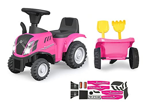 JAMARA 460357 Rutscher New Holland T7 Traktor – ab 12 Monate, Sitzhöhe 270 mm, Kippschutz, originalgetreue Optik, Anhänger mit Schaufel und Rechen, LED Licht, pink von JAMARA