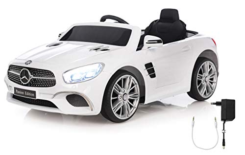 JAMARA 460438 - Ride-on Mercedes-Benz SL 400 12V - 2 leistungsstarke Antriebsmotoren und Akku für Lange Fahrzeit, Micro-SD-Slot, AUX-/USB-Anschluss, LED-Scheinwerfer, Ultra-Grip Gummiring, weiß von JAMARA