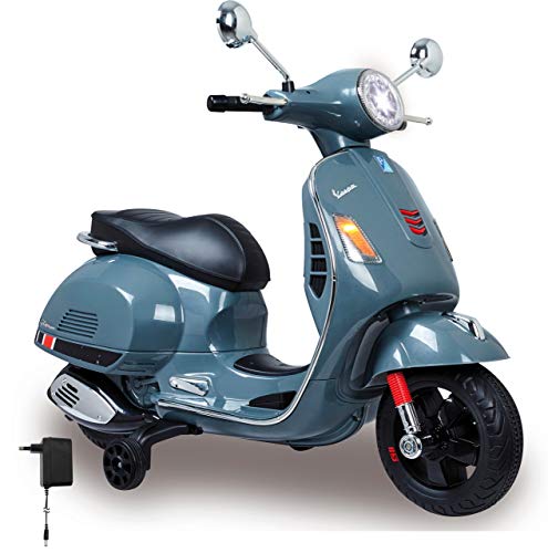 JAMARA 460441 - Ride-on Vespa 12V - leistungsstarker Antriebsmotor und Akku für lange Fahrzeit, SD-Karten Slot, AUX-/USB-Anschluss, Ultra-Grip Gummiring am Rad, Stützräder, LED-Scheinwerfer, grau, Groß von JAMARA