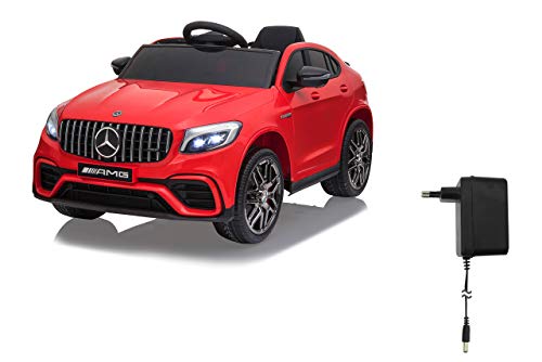 JAMARA 460649 - Ride-on Mercedes-Benz AMG GLC 63 S Coupé 12V - Allradantrieb, 2-Gang, USB, 4 Leistungsstarke Antriebsmotoren, Gefederte Hinterachse, Batteriespannungsanzeige, LED, rot von JAMARA