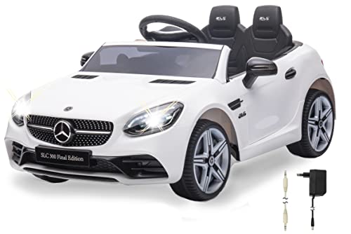 JAMARA 461800 Ride-on Mercedes-Benz SLC Leistungsstarker 12V Akku für Lange Fahrzeit, Akkustandanzeige, LED Scheinwerfer, Ultra Grip Gummiringe, Audio Aux-Anschluss, USB, Weiss von JAMARA