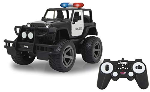 JAMARA 405052 - Jeep Wrangler Police 1:12 2,4 GHz - 9 KM/h, Sirene einschaltbar, Griffige profilierte Geländereifen, Frontrammer sorgt für einen bulligen Auftritt, gefederte Hinterachse, Spur einstellbar von JAMARA