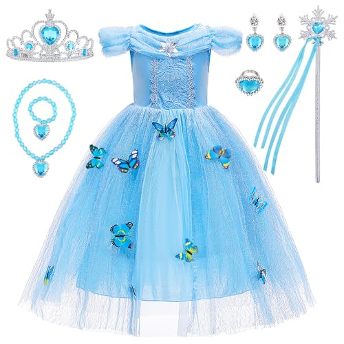 JAMATA Elsa Prinzessin Kostüm Set für Mädchen,Zauberhaftes Kleid mit Zauberstab,Ohrringe,Ringe,Halskette,Armband und Prinzessinnenkrone,Ideal für Karneval,Halloween,Weihnachten,Cosplay,Größe 120 von JAMATA