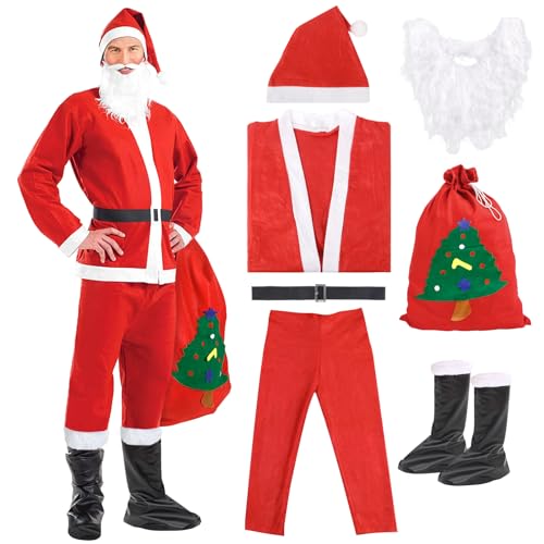 JAMATA Weihnachtsmann Kostüm,6 in 1 Nikolauskostüm Santa Claus-Erwachsenenkostüm für Herren Mit Kasack,Hose,Gürtel,Hut,Stiefelüberzieher,Bart und Geschenktüte,für Weihnachten Karneval Mottoparty von JAMATA