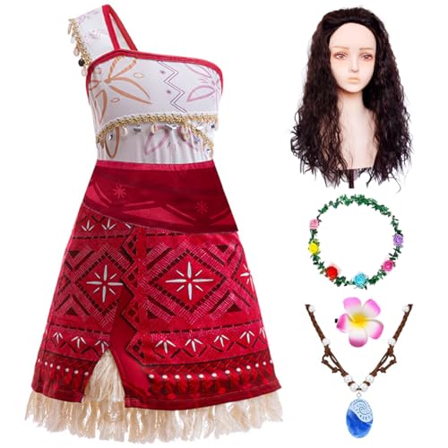 JANGZIIA Vaiana Kostüm Kinder mit Perücke, Halskette, Blumenkrone und Haarspange. Prinzessin Moana Vaiana 2 Kostüm für Mädchen, Hawaiianischer Karneval, Geburtstag, Cosplay-Kostüm von JANGZIIA