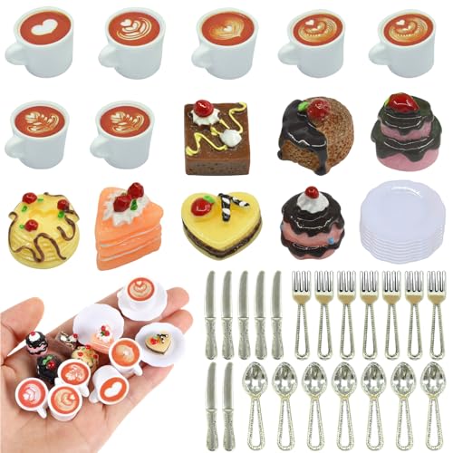 JAONLD 42 Pcs Miniatur Essen Puppengeschirr Puppenhaus Geschirr 1/12 Wichtel Essen Teiliges Puppenhaus Zubehör Küche Harz Lebensmittel Spielzeug Set für Miniküche, Mini Teeparty, DIY Mikrolandschaft von JAONLD