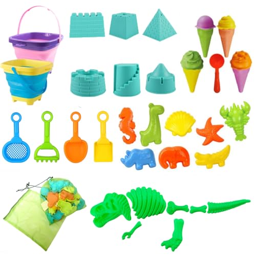 JARAGAR Sandspielzeug Set, 33PCS Strandspielzeug Sandspielzeug mit Mesh Bag, Inklusive 2 Zusammenklappbare Strand Sand Eimer Tier EIS, Kuchen & Burg Sandformen Sandschaufel Kinder Alter 3 4 5 6 von JARAGAR