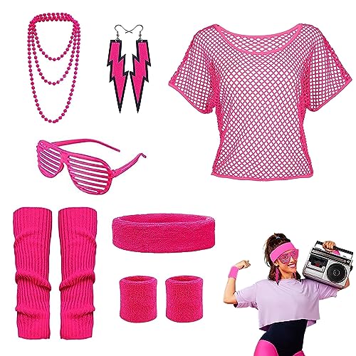 80er Jahre Outfit Damen Rosa Set, 80er Jahre Outfit Damen Netzoberteil, 80er Jahre Kostüm Outfits Zubehör, 80er Jahre Outfit Damen Party, für 80 Jahre Thema Party Karneval (Rosenrot) von JAWAI