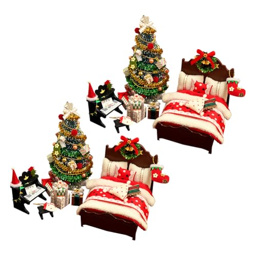 2Set Weihnachten Miniatur Wichtel Zubehör, 1/12 Miniatur Puppenhaus Zubehör Weihnachten Dänische Wichtel Zubehör DIY Miniatur Szene Modell Weihnachtsmöbel Bett Weihnachtsbaum Klavier Geschenk von JAWSEU