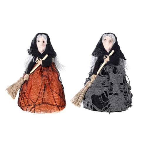 JAWSEU 2PCS Hexenpuppen Ornament Halloween Hexe Dekoration Mini Besen Hexe Gefüllte Puppen Halloween Anhänger Hexe Besen Hängeornamente Halloween Hexen Wichtel Puppe Schlafzimmer Desktop Dekoration von JAWSEU