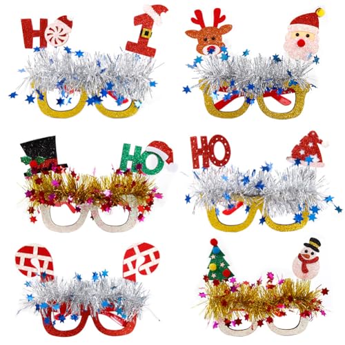 JAWSEU 6pcs Weihnachtsbrille, Weihnachten Glitter Party Brillen Lustige Partybrillen für Weihnachtsparty Weihnachtsdeko Weihnachtsgeschenke Deko Weihnachten Kostüm Foto Zubehör für Kinder Erwachsene von JAWSEU