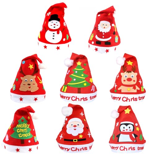 JAWSEU 8 Stück Filz Weihnachtsmützen Kinder Nikolausmützen Plüsch Weihnachten Hut Weihnachtsmann Mütze Weiche Santa Hut Santa Rote Warme Santa Mütze für Kinder Weihnachten Deko von JAWSEU