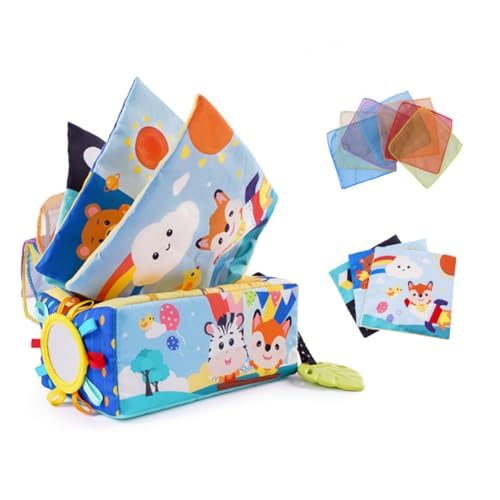 JAWSEU Baby Tissue Box Toy Baby Spiegel Spielzeug 6 Monate Tissue Box Montessori Sensorik, Beißring fur Baby Hohem Kontrast Babyspielzeug Farbiges Tuch Sensorisches Tuch Babyspielzeug Für 0-12 Monate von JAWSEU