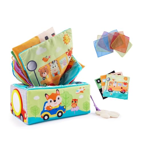 JAWSEU Baby Tissue Box Toy Baby Spiegel Spielzeug 6 Monate Tissue Box Montessori Sensorik, Beißring fur Baby Hohem Kontrast Babyspielzeug Farbiges Tuch Sensorisches Tuch Babyspielzeug Für 0-12 Monate von JAWSEU