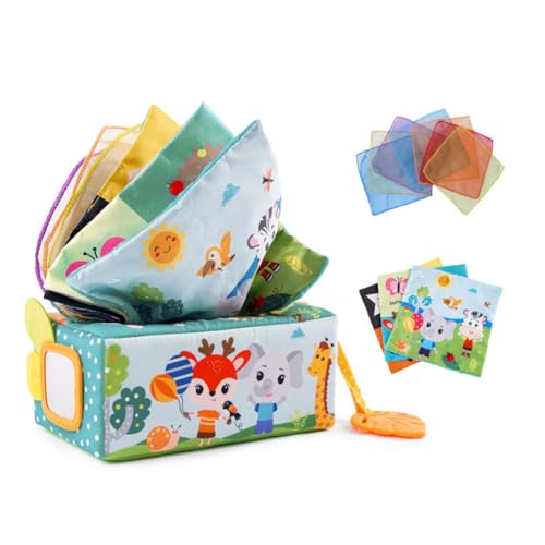 JAWSEU Baby Tissue Box Toy Baby Spiegel Spielzeug 6 Monate Tissue Box Montessori Sensorik, Beißring fur Baby Hohem Kontrast Babyspielzeug Farbiges Tuch Sensorisches Tuch Babyspielzeug Für 0-12 Monate von JAWSEU