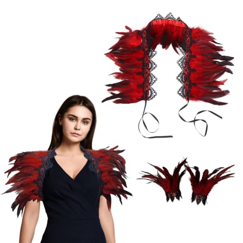 JAWSEU Federkragen, Gothic Feder Achselzucken Schalkragen Halloween Feder Shrug Damen Federumhang Feder Manschetten Truthahn Feder Armband Feder Cape Schal Choker Kragen für Foto Requisite Cosplay von JAWSEU