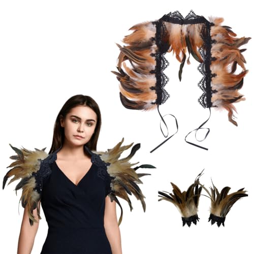 JAWSEU Federkragen, Gothic Feder Achselzucken Schalkragen Halloween Feder Shrug Damen Federumhang Feder Manschetten Truthahn Feder Armband Feder Cape Schal Choker Kragen für Foto Requisite Cosplay von JAWSEU