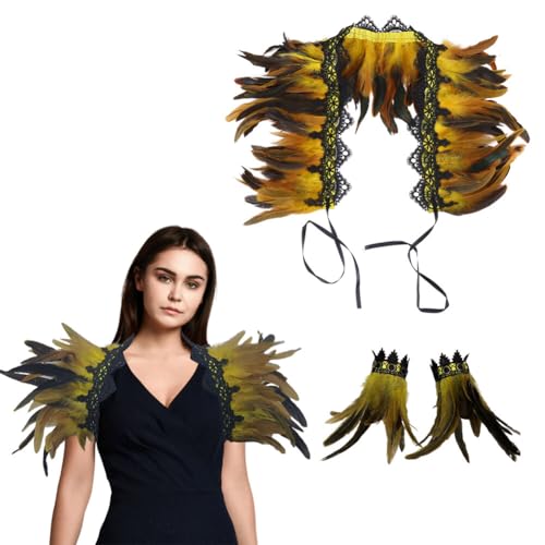 JAWSEU Federkragen, Gothic Feder Achselzucken Schalkragen Halloween Feder Shrug Damen Federumhang Feder Manschetten Truthahn Feder Armband Feder Cape Schal Choker Kragen für Foto Requisite Cosplay von JAWSEU