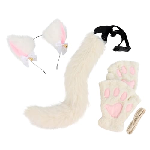 JAWSEU Fox Wolf Cosplay Tierohren Schwanz Plüsch Handschuhe Set, Wolf Ohren Schwanz Kostüm Fuchs Wolf Ohren Handschuhe Schwanz Halloween Kostüm Cosplay Kopf Zubehör Fuchsohren Schwanz Tierkostüm von JAWSEU