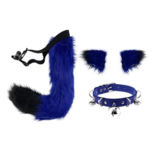 JAWSEU Fox Wolf Cosplay Tierohren Schwanz Set mit Glöckchen Halskette, Wolf Ohren Schwanz Kostüm Handgefertigtes Fuchs Wolf Ohren Halloween Kostüm Cosplay Kopf Zubehör Fuchsohren Schwanz Tierkostüm von JAWSEU