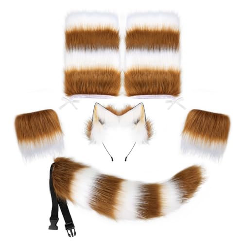 JAWSEU Fuchs Ohren Schwanz Cosplay Set, Kunstpelz Katze Tier Pelzschwanz Ohren Stirnband Plüsch Lang Tierschwanz Kunstfell Fuchs Katze Hund Wolf Ohren Schwanz für Karneval Halloween Party Dress Up von JAWSEU