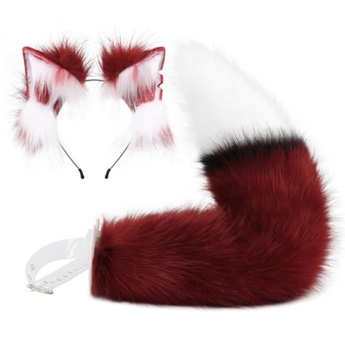 JAWSEU Fuchs Wolf Katze Ohren Schwanz, Lang Tierschwanz Halloween Cosplay Kostüm Zubehör Ohren und Schwanz Set, Kunstpelz Plüsch Ohren Schwanz Erwachsene Kinder Cosplay Damen Halloween Karneval von JAWSEU