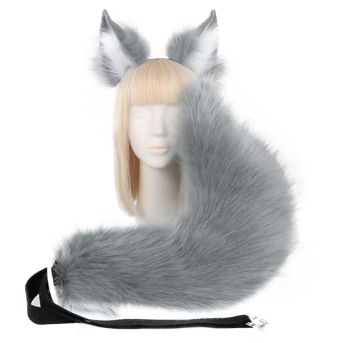 JAWSEU Fuchs Wolf Katze Ohren Stirnband Haarschmuck Schwanz, Lang Tierschwanz Halloween Cosplay Kostüm Zubehör Ohren und Schwanz Set, Kunstpelz Plüsch Ohren Schwanz Cosplay Damen Halloween Karneval von JAWSEU