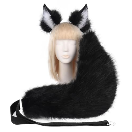 JAWSEU Fuchs Wolf Katze Ohren Stirnband Haarschmuck Schwanz, Lang Tierschwanz Halloween Cosplay Kostüm Zubehör Ohren und Schwanz Set, Kunstpelz Plüsch Ohren Schwanz Cosplay Damen Halloween Karneval von JAWSEU