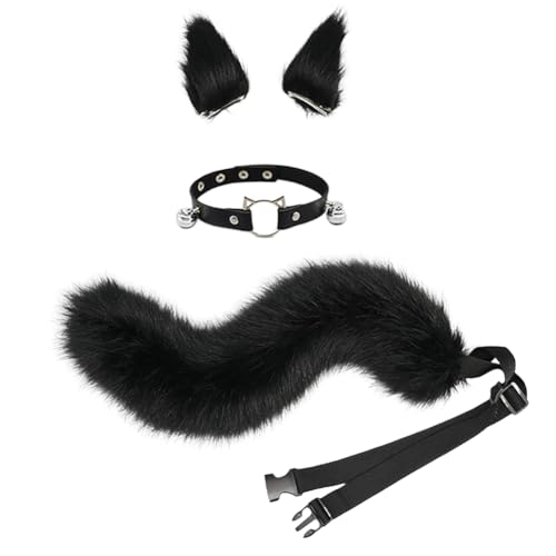 JAWSEU Fuchsohren Schwanz Cosplay Set mit Glöckchen Halskette, Katzenohren Fuchs Wolf Katze Cosplay Tierohren Schwanz Wolf Fuchs Ohren Haarnadel Haarschmuck Cosplay Halloween Fasching Karneval Party von JAWSEU