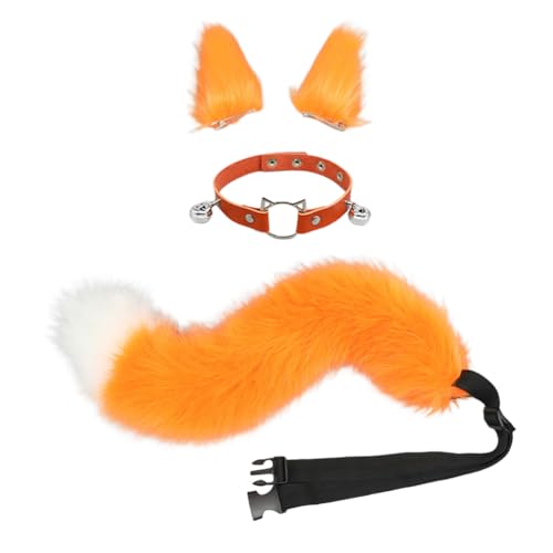 JAWSEU Fuchsohren Schwanz Cosplay Set mit Glöckchen Halskette, Katzenohren Fuchs Wolf Katze Cosplay Tierohren Schwanz Wolf Fuchs Ohren Haarnadel Haarschmuck Cosplay Halloween Fasching Karneval Party von JAWSEU