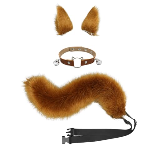 JAWSEU Fuchsohren Schwanz Cosplay Set mit Glöckchen Halskette, Katzenohren Fuchs Wolf Katze Cosplay Tierohren Schwanz Wolf Fuchs Ohren Haarnadel Haarschmuck Cosplay Halloween Fasching Karneval Party von JAWSEU