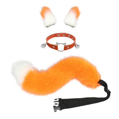 JAWSEU Fuchsohren Schwanz Cosplay Set mit Glöckchen Halskette, Katzenohren Fuchs Wolf Katze Cosplay Tierohren Schwanz Wolf Fuchs Ohren Haarnadel Haarschmuck Cosplay Halloween Fasching Karneval Party von JAWSEU